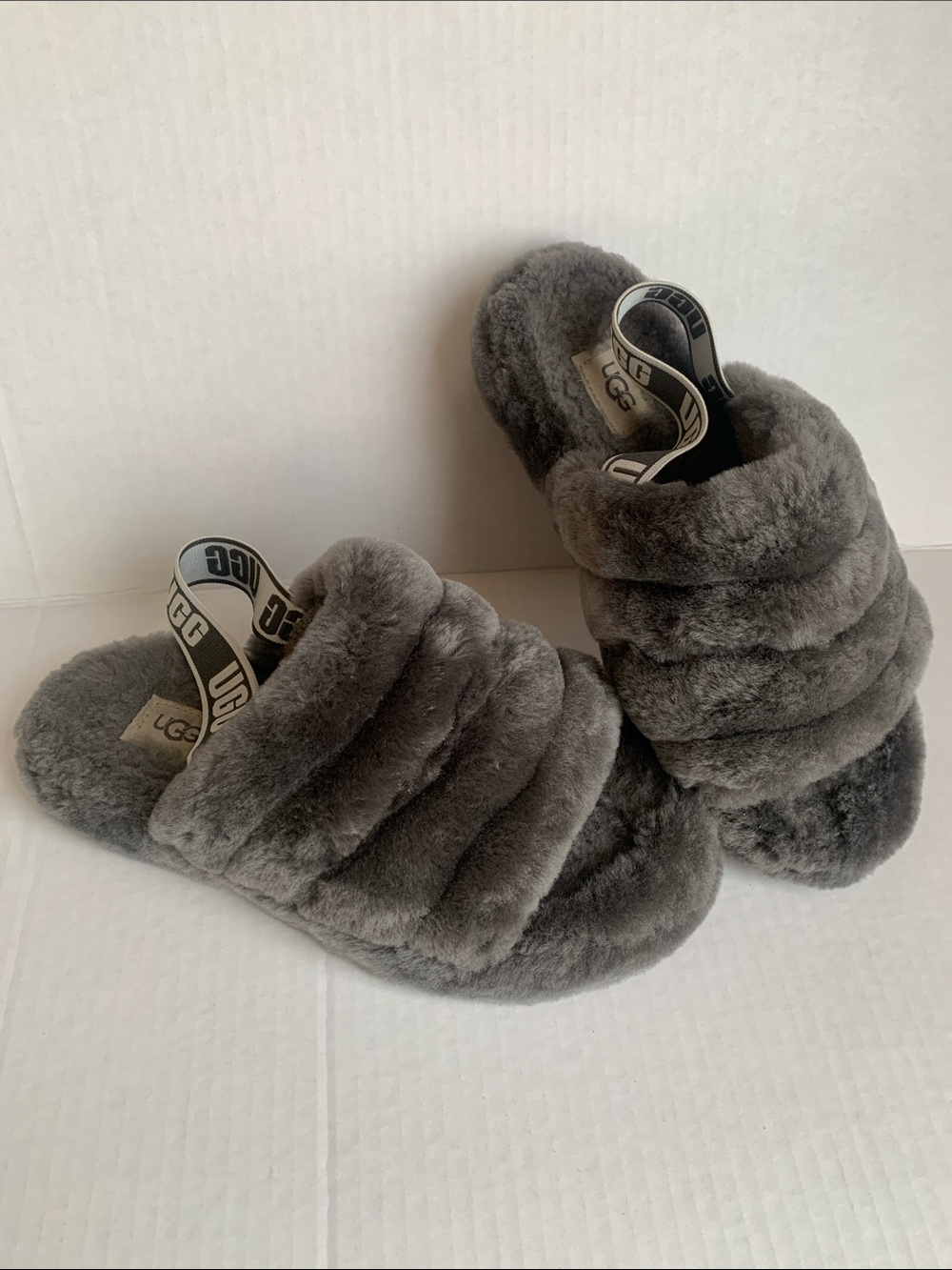 UGG Plush Charcoal Grey Fluff Slide Slingback Slippers Size US 4 EU 36 Kids